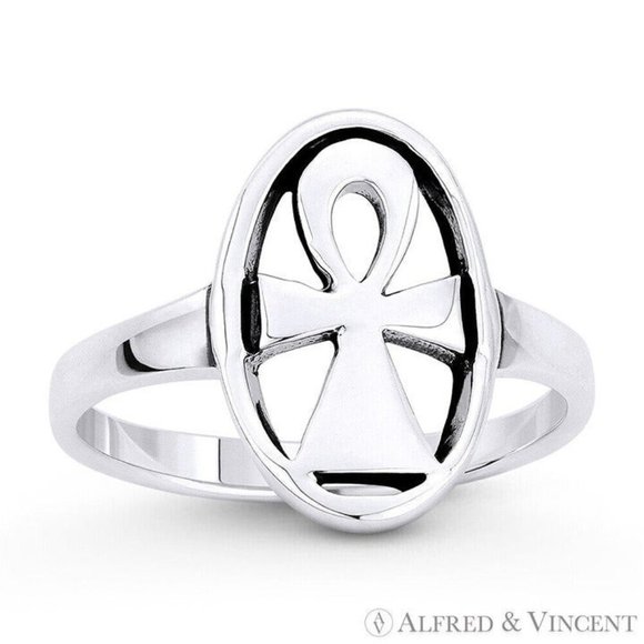 Egyptian Ankh Cross Key-of-Life Oval Charm Ring in .925 Sterling Silver - Size 5 - Picture 1 of 1